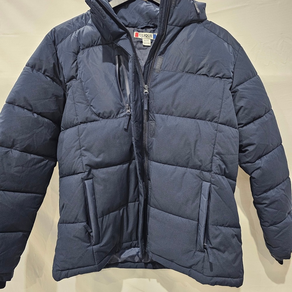 New Clique Mens Navy Blue Quilted Puffer Winter Jacket Removable Hood XL NWT